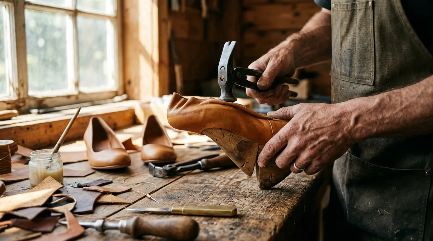 Artisan travaillant le cuir d'une chaussure femme en atelier
